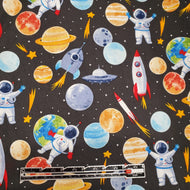 Black with Stars and Astronauts, Rockets / Spaceships and Planets, Fabric, 100% Cotton